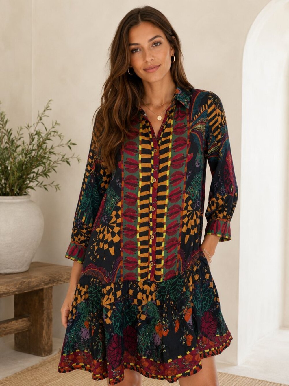 Nyaro Abstract Printed Drop Waist Shirt Dress Medium Boho Artsy Liva Rayon
